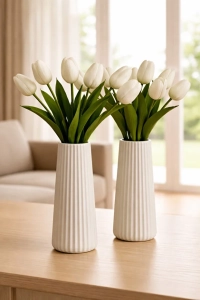 Modern Dekorasyon İçin Şık Beyaz Çizgili Seramik Çiçek Vazo - Minimal ve Zarif Vazo Modeli (2adet)